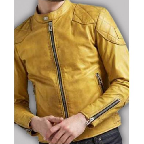 Mens Quilted Design Cafe Racer Yellow Leather Jacket